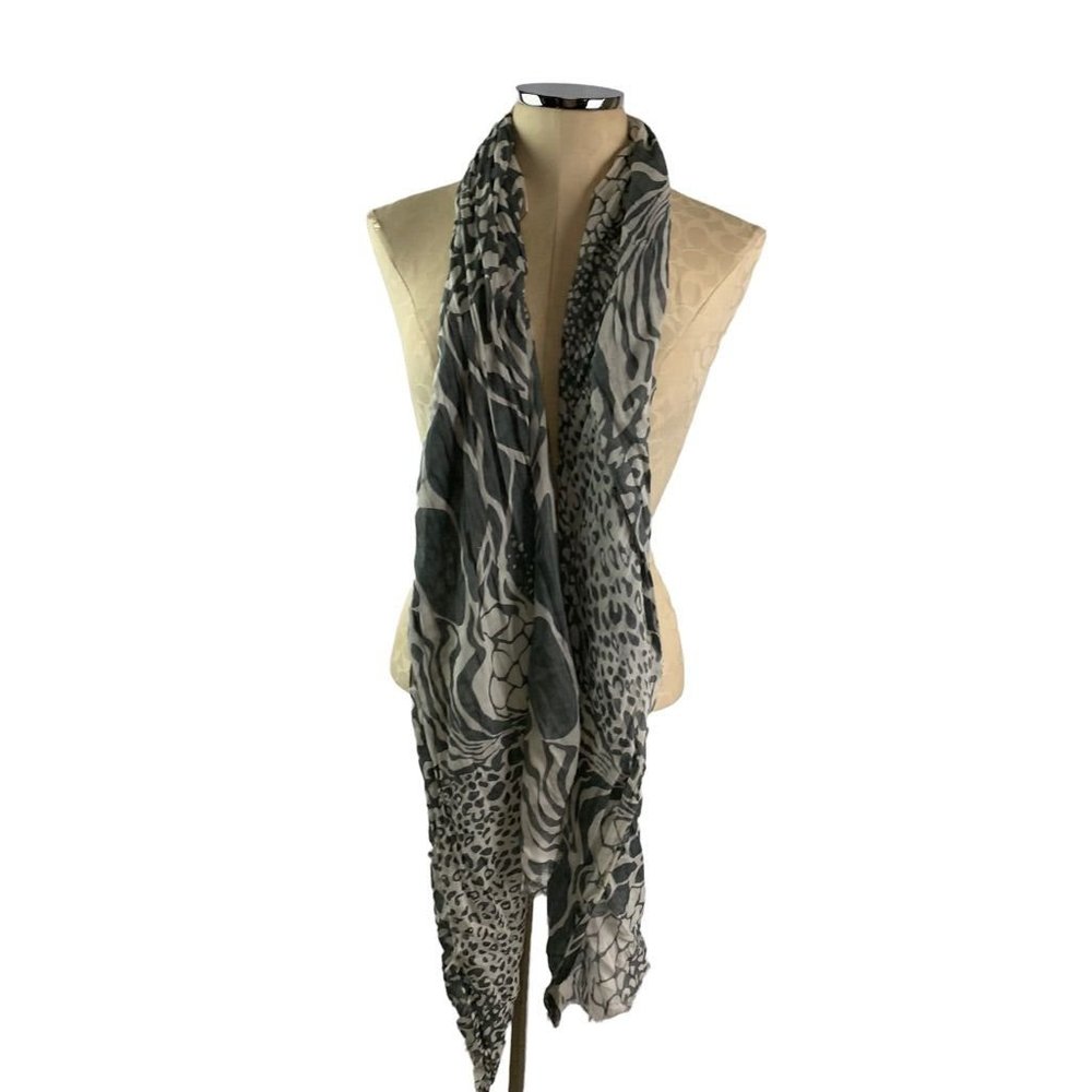 Chico's Lightweight Rayon Gray Mixed‎ Animal Print Scarf Raw Edge 30" x 70"
